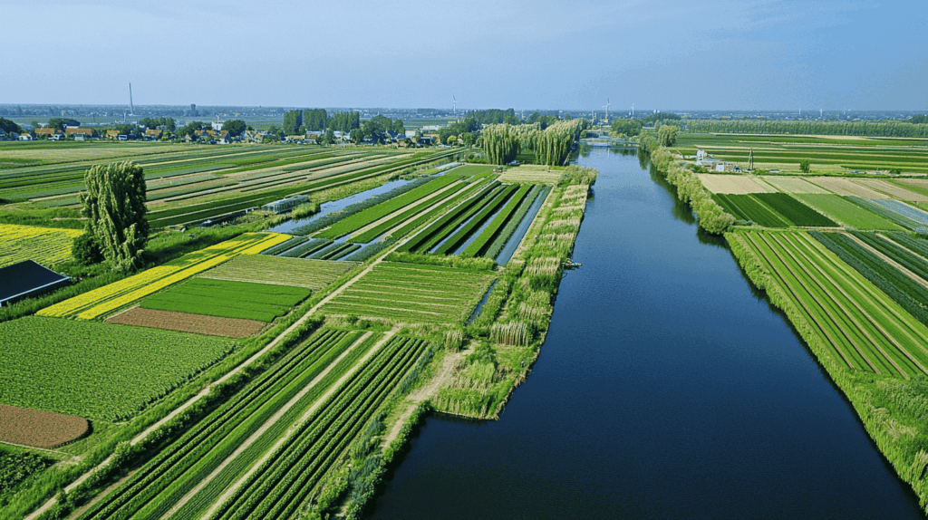 bovenaanzicht van in een akkerveld in nederland langs een rivier